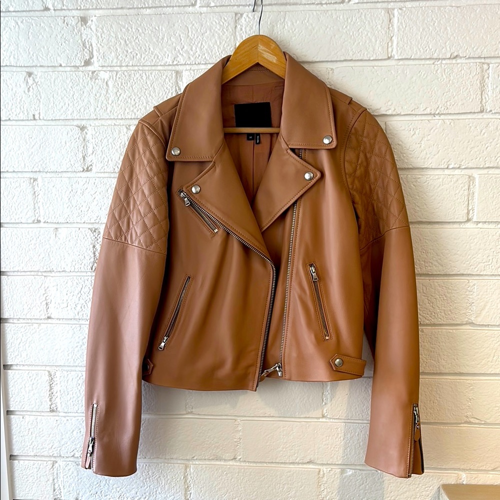 Paige tan leather Danisa moto jacket size M